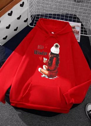 Худи на флисе кофта кенгуру свободного кроя с капюшоном тепла стильная базовая с новогодним принтом черная белая бежевая красная3 фото