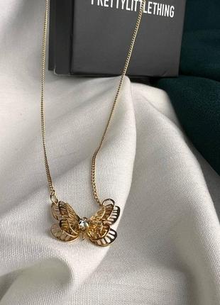 Праздничный новогодний золотой золотистый кулон ожерелье подвеска колье с бабочкой5 фото