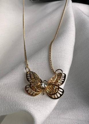 Праздничный новогодний золотой золотистый кулон ожерелье подвеска колье с бабочкой6 фото