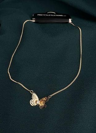 Праздничный новогодний золотой золотистый кулон ожерелье подвеска колье с бабочкой1 фото
