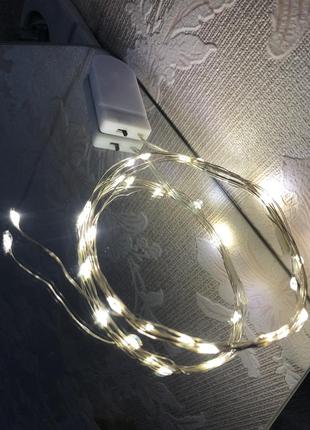 Гирлянда от батареек роса нить нитка проволока тонкая светодиодная новогодняя в бутылку банку желтая золотая теплый тёплый свет на батарейках 2 м