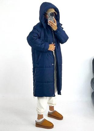 Пальто зимнее длинное теплое с капюшоном синее куртка8 фото