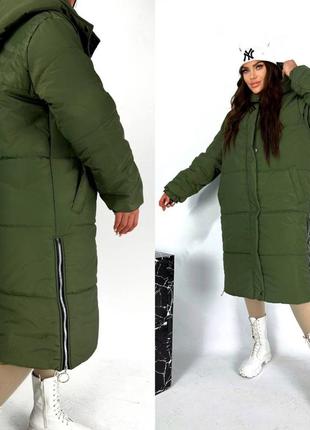 Пальто хаки теплое зимнее длинное куртка батал2 фото
