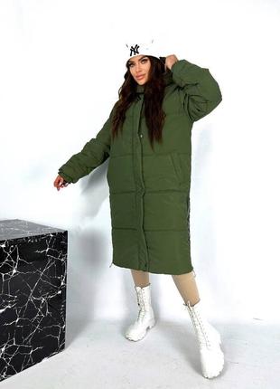 Пальто хаки теплое зимнее длинное куртка батал3 фото