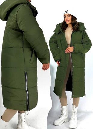 Пальто хаки теплое зимнее длинное куртка батал4 фото