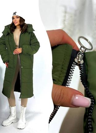 Пальто хаки теплое зимнее длинное куртка батал8 фото