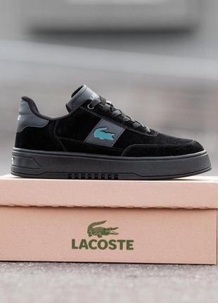 Чоловічі замшеві кеди чорні lacoste t-clip full кросівки чоловічі з натуральної замші лакосту