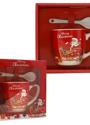 Подарунковий набір "merry christmas",  чашка та ложка з новорічним дизайном. паковання — коробка.3 фото