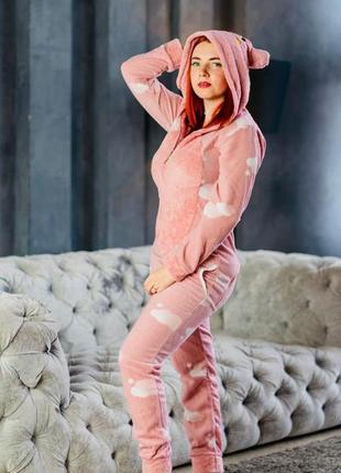 Женская теплая пижама кигуруми с карманом, розовые облака