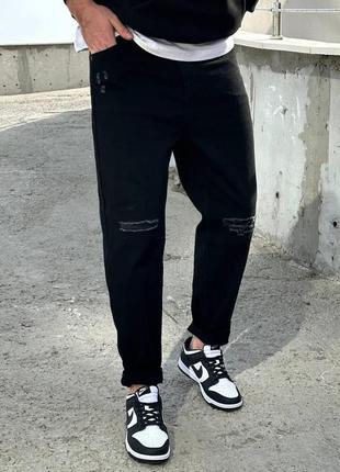 Мужские стильные джинсы мом с потёртостями чёрные2 фото