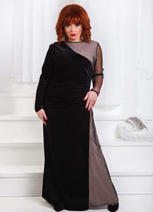 Довге вечірнє жіноче плаття у великих розмірах 1555 "оксамит сітка клини діагональ" в кольорах6 фото