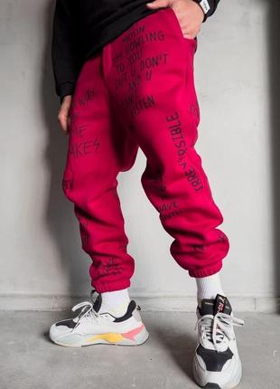 Чоловічі стильні утеплені спортивні штани з начосом із написами бордові1 фото