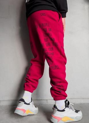 Чоловічі стильні утеплені спортивні штани з начосом із написами бордові2 фото