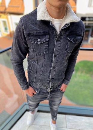 Мужская стильная утеплённая джинсовая куртка тёмно-серая. мужская джинсовка на меху4 фото