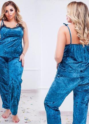 Женский домашний брючный комплект-пижама в больших размерах 300 "бархат кружево" в расцветках5 фото