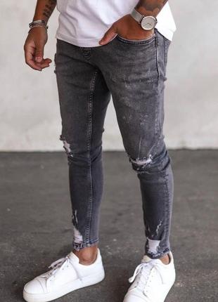 Чоловічі якісні джинси слім із потертостями та дірками сірі. чоловічі звужені джинси