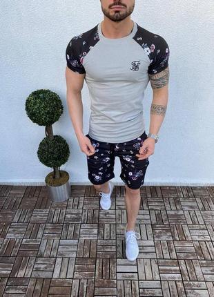 Мужской летний комплект футболка с шортами с цветочным принтом чёрно-бежевый