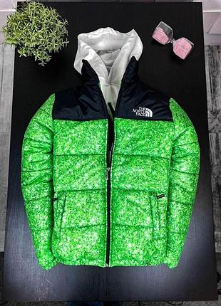 Мужской пуховик tnf. мужская тёплая зимняя куртка tnf с узорами без капюшона салатовая с чёрным