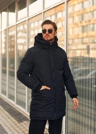 Мужская стильная тёплая зимняя парка чёрная. мужская удлинённая зимняя куртка