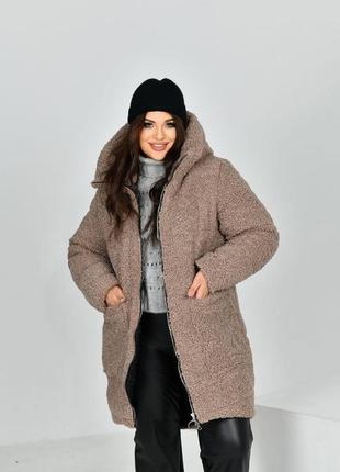 Женское теплое пальто с капюшоном из качественного мягкого меха барашек на молнии размеры 50-568 фото