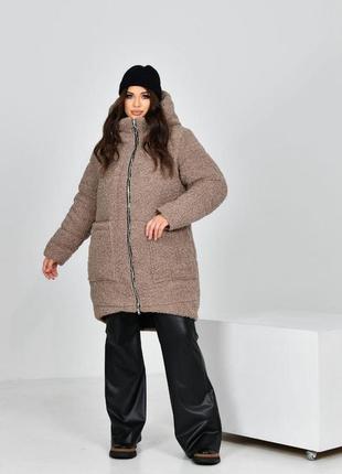 Женское теплое пальто с капюшоном из качественного мягкого меха барашек на молнии размеры 50-567 фото