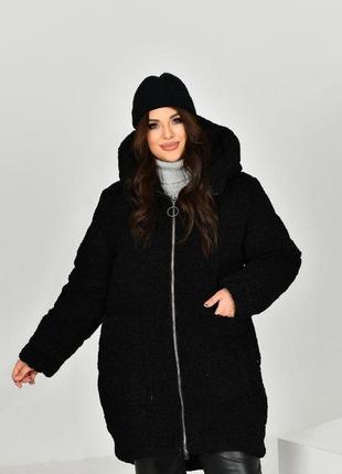 Женское теплое пальто с капюшоном из качественного мягкого меха барашек на молнии размеры 50-563 фото