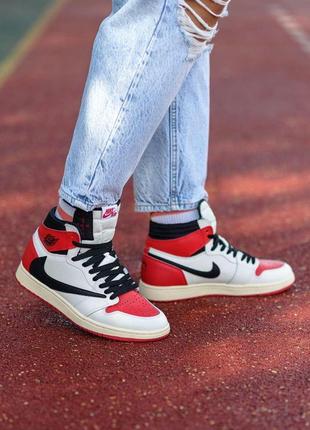 Модні кросівки travis scott x air jordan 1 "heritage" custom чорно-білі з червоним