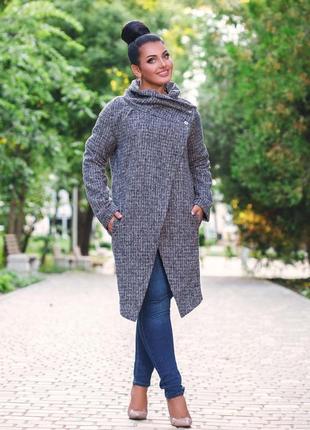 Женский стильный кардиган-пальто в больших размерах 41119 "рогожка углы кармашки миди"4 фото