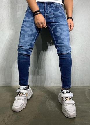 Чоловічі якісні джинси-слім камо сині. чоловічі звужені джинси камуфляжні
