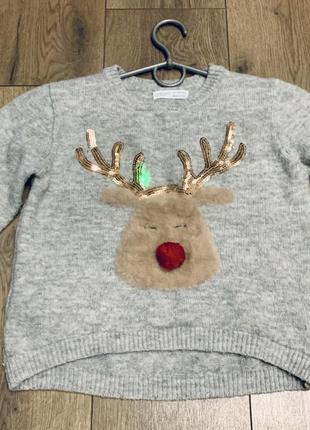 Новогодний свитер с объёмной аппликацией оленя и гирляндами что мигают primark (англия)3 фото
