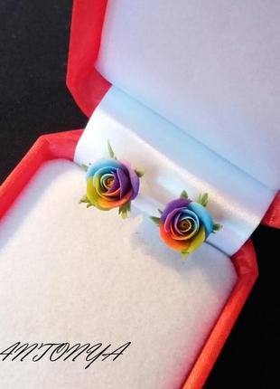 Сережки з квітами, сережки райдужні троянди, сережки-гвоздики кольору квіти2 фото