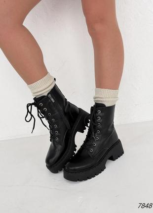 Черные натуральные кожаные зимние ботинки на шнурках шнуровке толстой подошве кожа зима8 фото