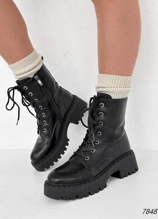 Чорні натуральні шкіряні зимові черевики на шнурках шнурівці товстій підошві шкіра зима