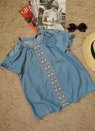 Красивая джинсовая блузка с открытыми плечами и вышивкой/ блуза/кофточка/футболка