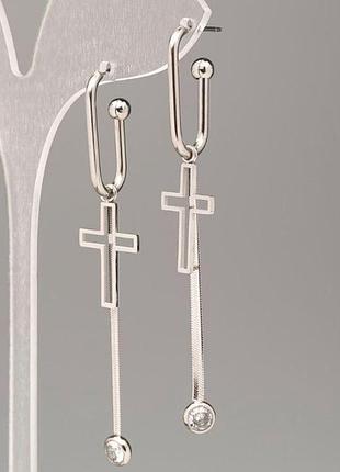 Серьги xuping крестик с белым камнем l-6,5 см родий