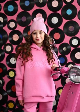 Якісний теплий дитячий спортивний костюм на флісі для дівчинки підлітка рожевий утеплений тринитка пеньє барбі3 фото