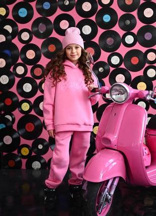 Качественный теплый детский спортивный костюм на флисе для девочки подростка розовый утепленный трехнить пенье барби