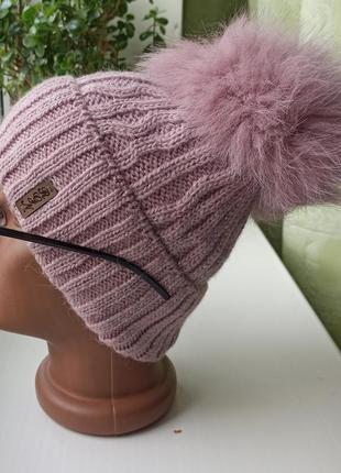 Новая шапка с люрексом и большим натурал.бубоном (утепленная флисом) розовая пудра4 фото