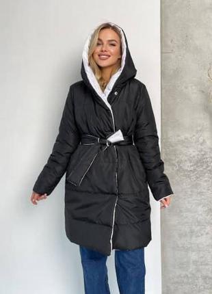 Жіноче пальто з капюшоном 020/0052 двостороння куртка довга зима (2-44 ; 46-48  розміри )4 фото
