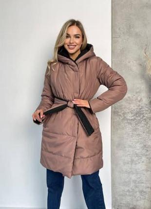Жіноче пальто з капюшоном 020/0052 двостороння куртка довга зима (2-44 ; 46-48  розміри )