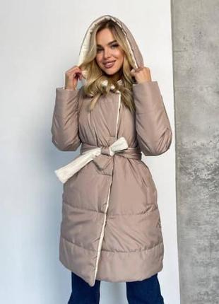 Жіноче пальто з капюшоном 020/0052 двостороння куртка довга зима (2-44 ; 46-48  розміри )7 фото