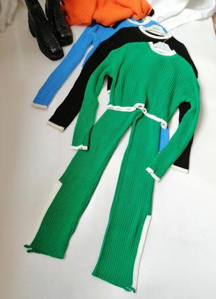 Кашемировый вязаный костюм в рубчик укороченный свитер оверсайз с длинными рукавами и длинные штаны