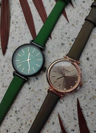 Годинник наручний зі шкіряним ремінцем, зелений та коричневий