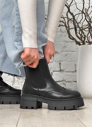 Классические черные стильные зимние ботинки челси женские на повышенной подошве, кожаные/натуральная кожа