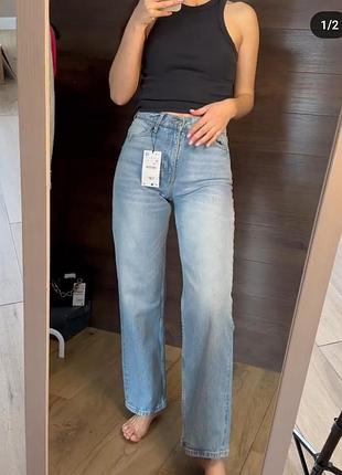 Джинсы голубые широкие клёшные zara full length mid-rise wide leg 6688/029