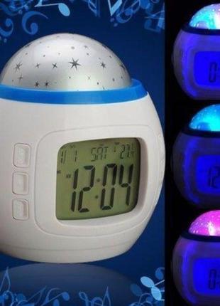 Музичний нічник-проектор зоряне небо 1038 з годинником та будильником.4 фото