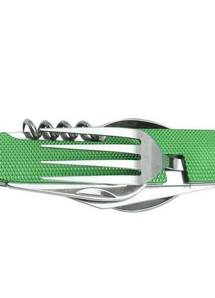 Туристический набор складной (мультитул) 6 в 1 (ложка, вилка, нож, открывалка, штопор) green6 фото