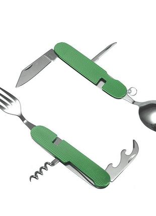 Туристический набор складной (мультитул) 6 в 1 (ложка, вилка, нож, открывалка, штопор) green9 фото