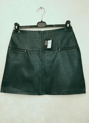 Зелёная кожаная юбка экокожа мини юбка2 фото