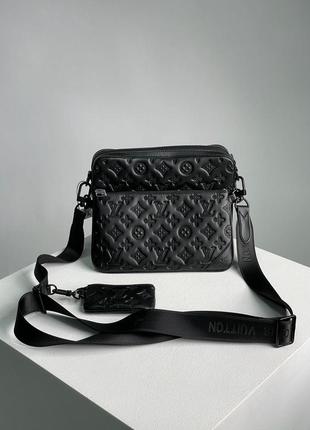 Мужская кожаная сумка trio messenger black embossing leather